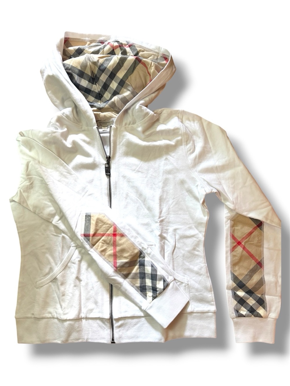 Burberry White Zip Hoodie with Classic Check Trim. XL. Brand New